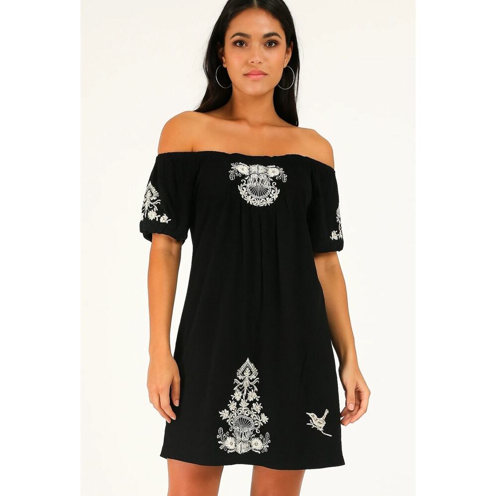 Johnny Was Dress Womens XS Black Floral Embroidered Off Shoulder